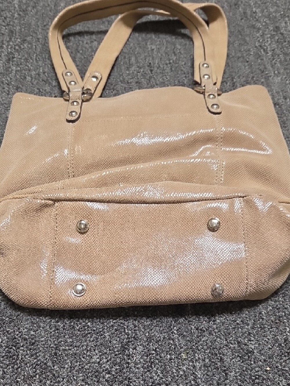 B Makowsky Shiny Taupe Leather Tote with Double Handles - Picture 8 of 10